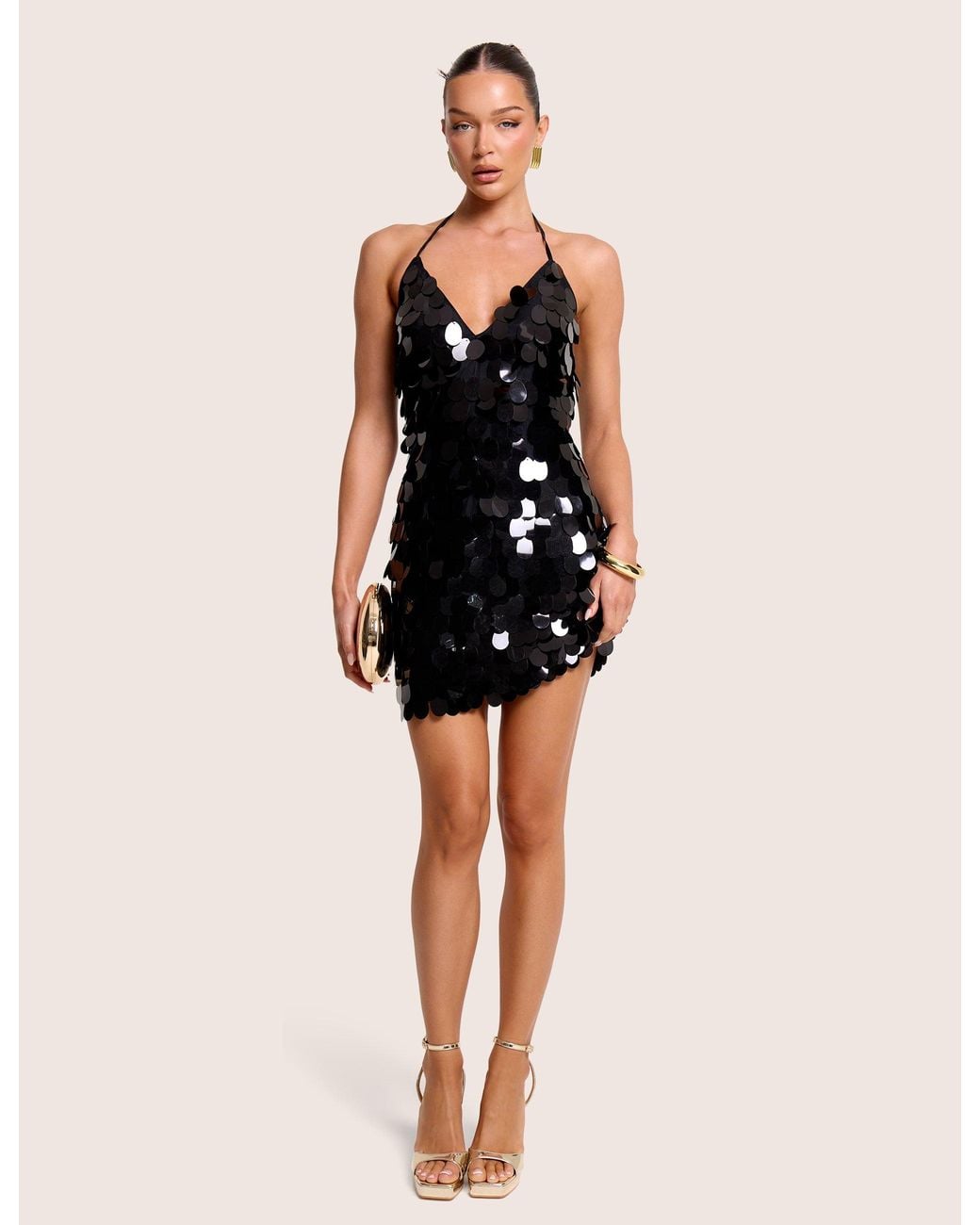 Public Desire V Neck Large Disc Embellished Mini Dress Black