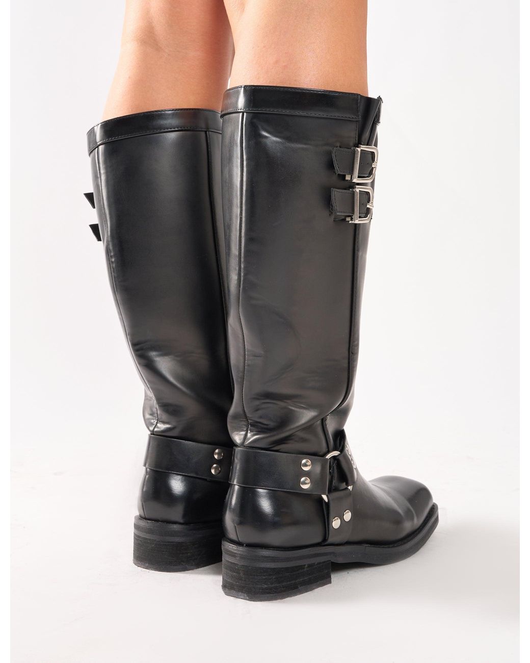 Public Desire Sirius Black Vintage Buckle Knee Hight Flat Boots