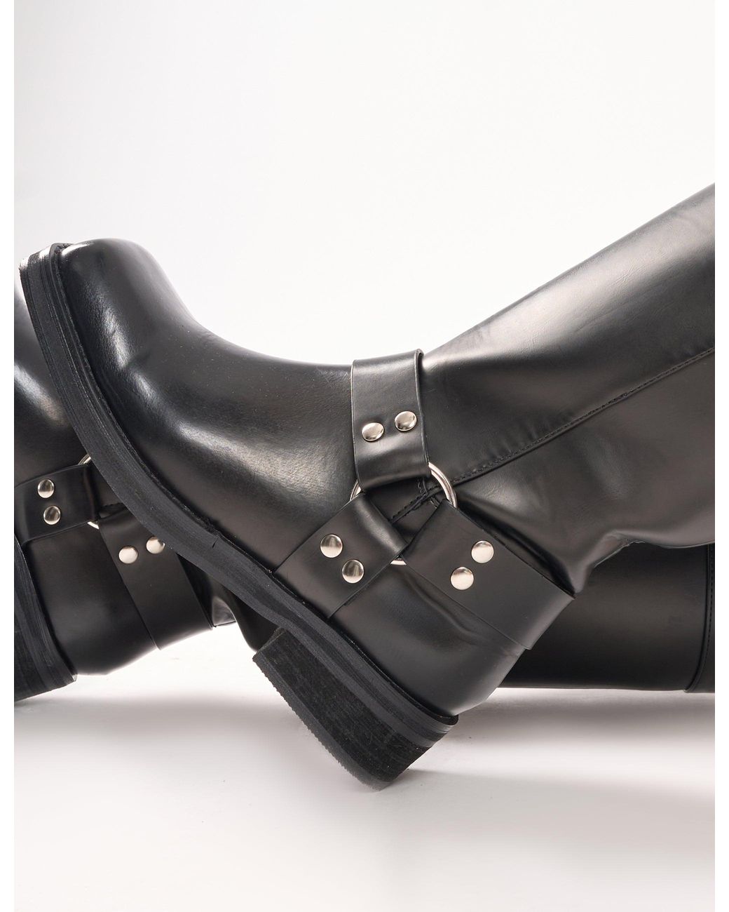 Public Desire Sirius Black Vintage Buckle Knee Hight Flat Boots