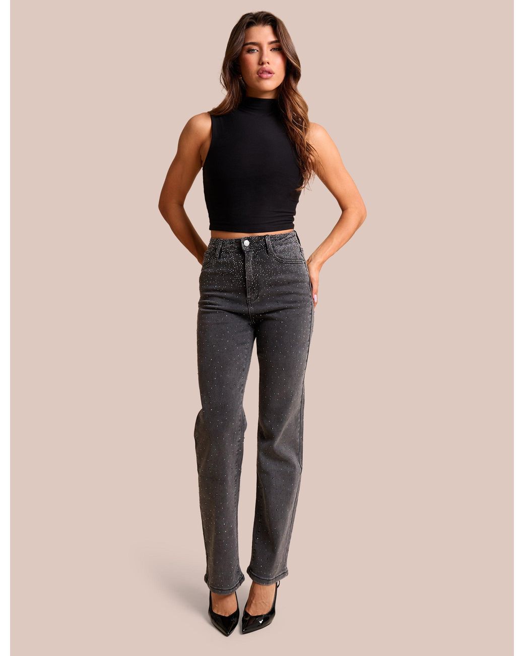 Public Desire Blue Straight Leg Stretch Stud Detail Black Jeans