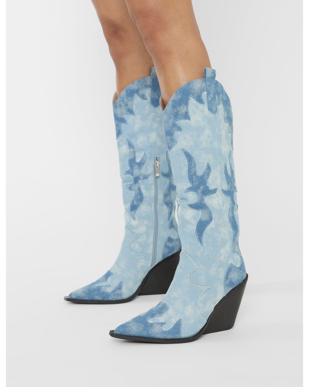 Public Desire Blue Underwood Mixed Denim Western Cowboy Block Heel Knee High Boots