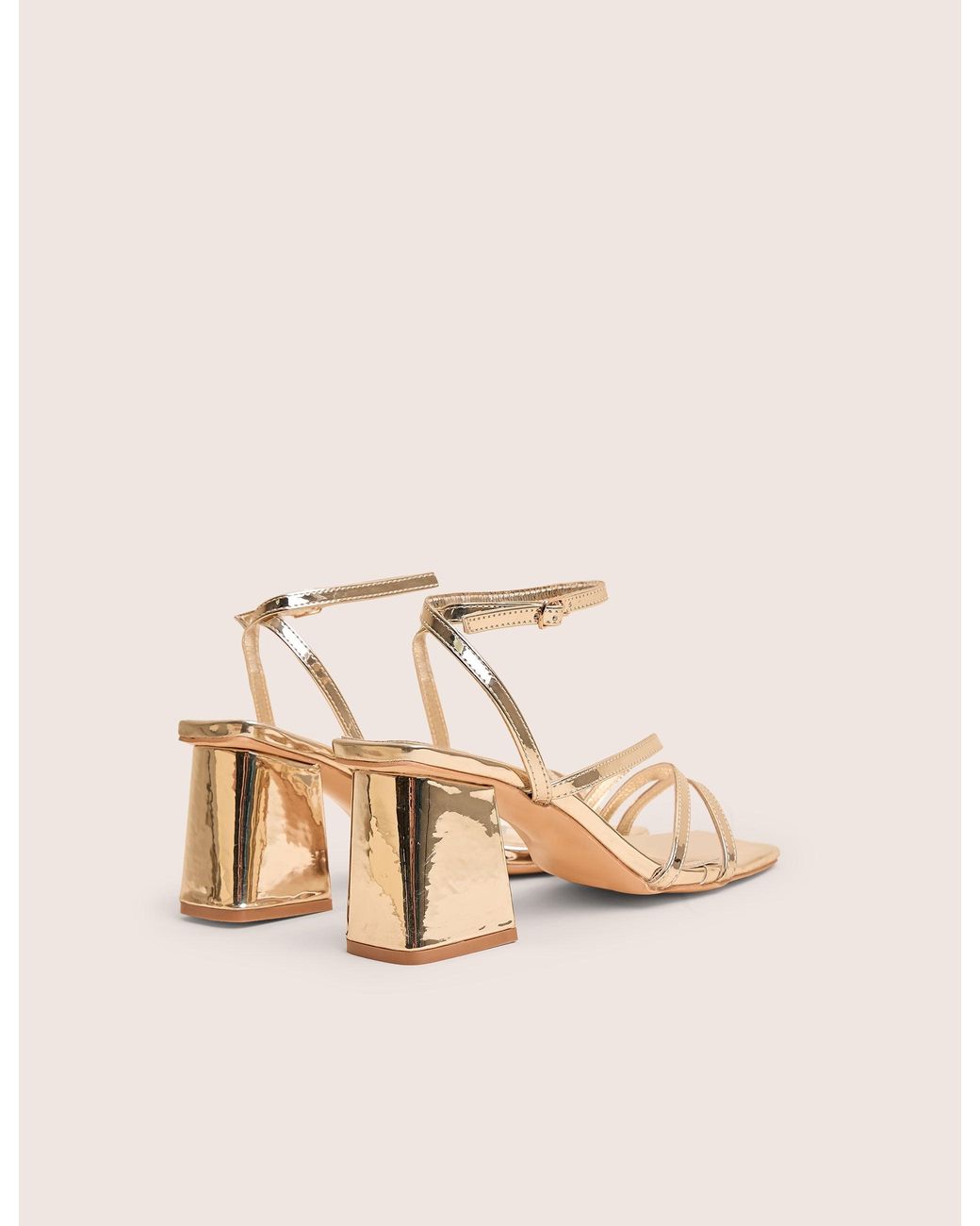 Public Desire Brown Robin Gold Strappy Square Toe Mid Block Heels