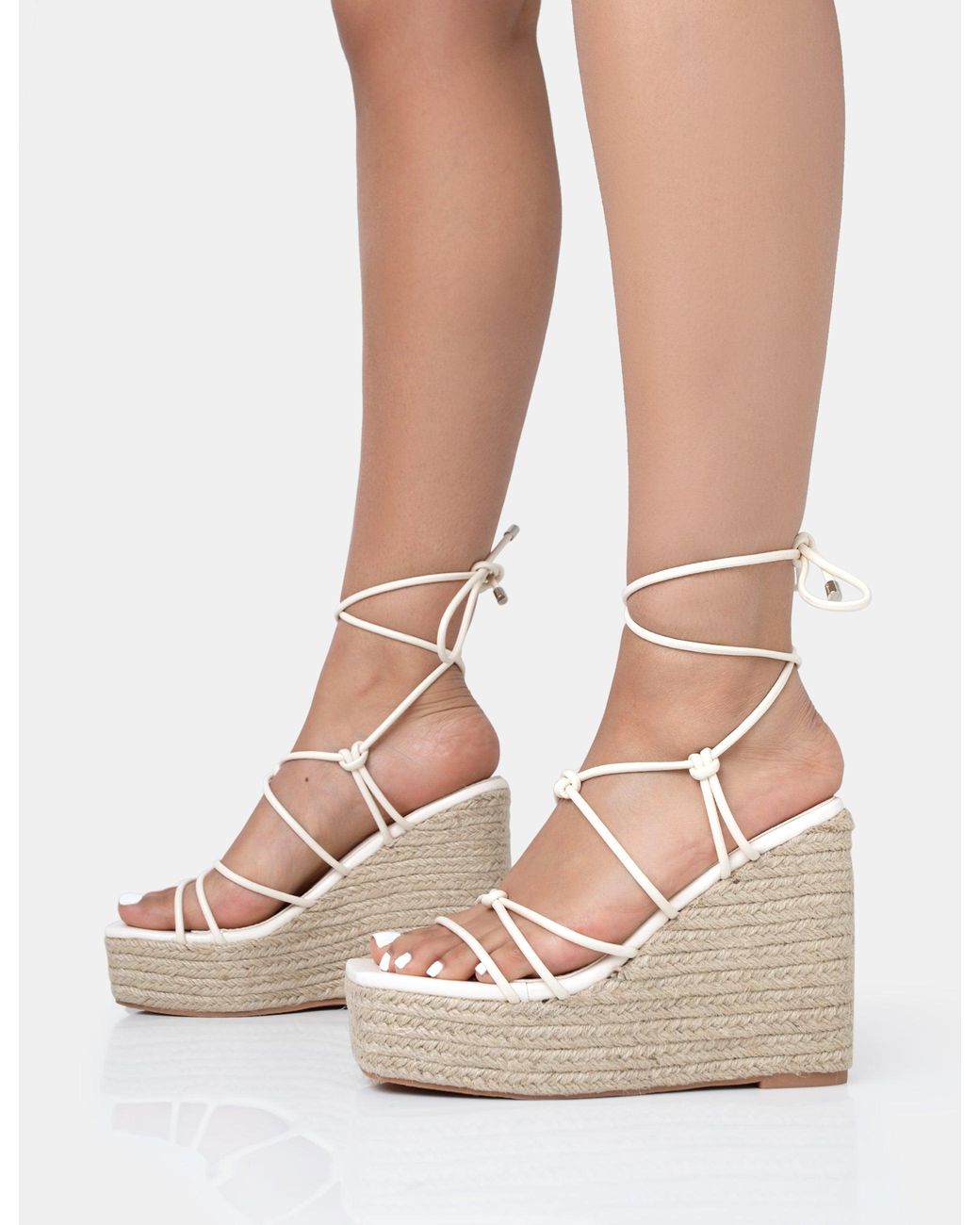 Public Desire Natural Islander Ecru Lace Up Square Toe High Heeled Sandal Esparille Wedges