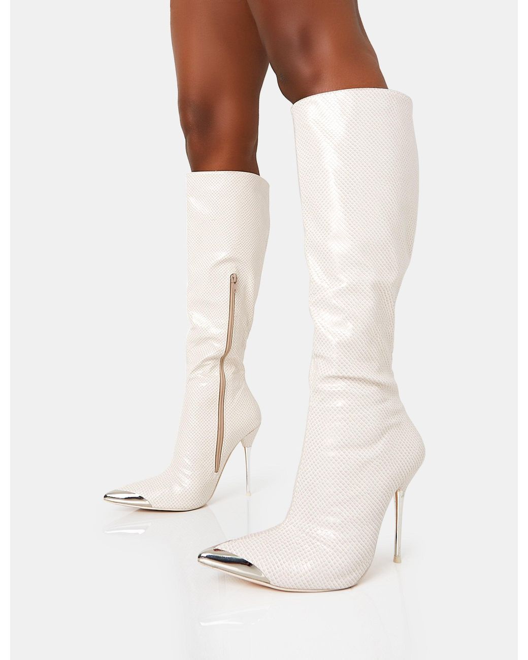 Public Desire White Finery Ecru Croc Metal Toe Capped Zip Up Knee High Stiletto Boots
