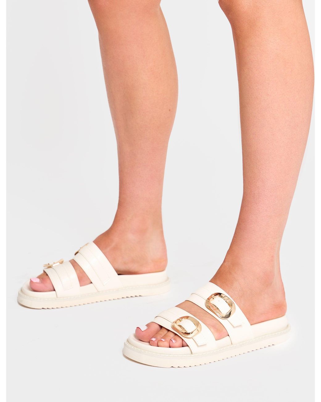 Public Desire Natural Lapis Cream Pu Buckle Detail Double Strap Slider Sandals