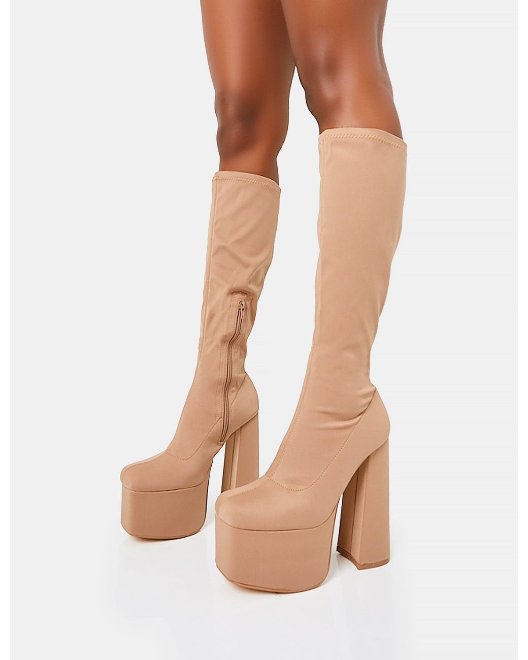 Public Desire Multicolor Polished Taupe Nylon Platform Rounded Block Heeled Knee High Boots