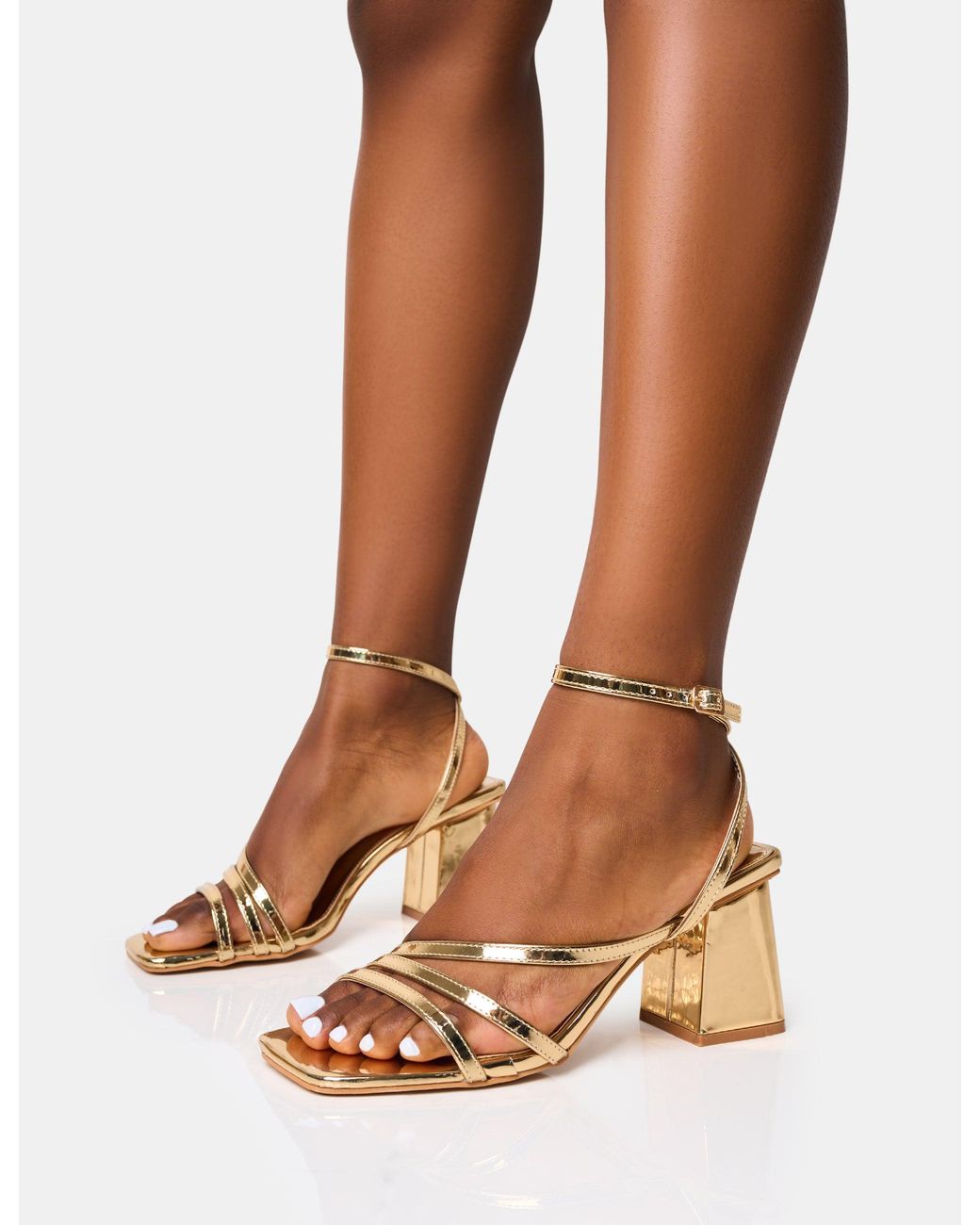 Public Desire Brown Robin Gold Strappy Square Toe Mid Block Heels