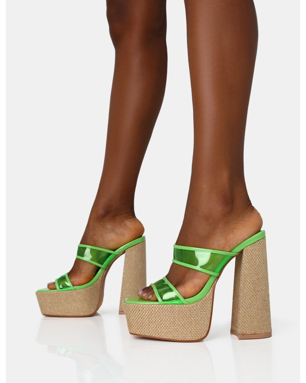 Public Desire Green Carley Neon Lime Perspex Mule Square Toe Platform Raffia Block Heels