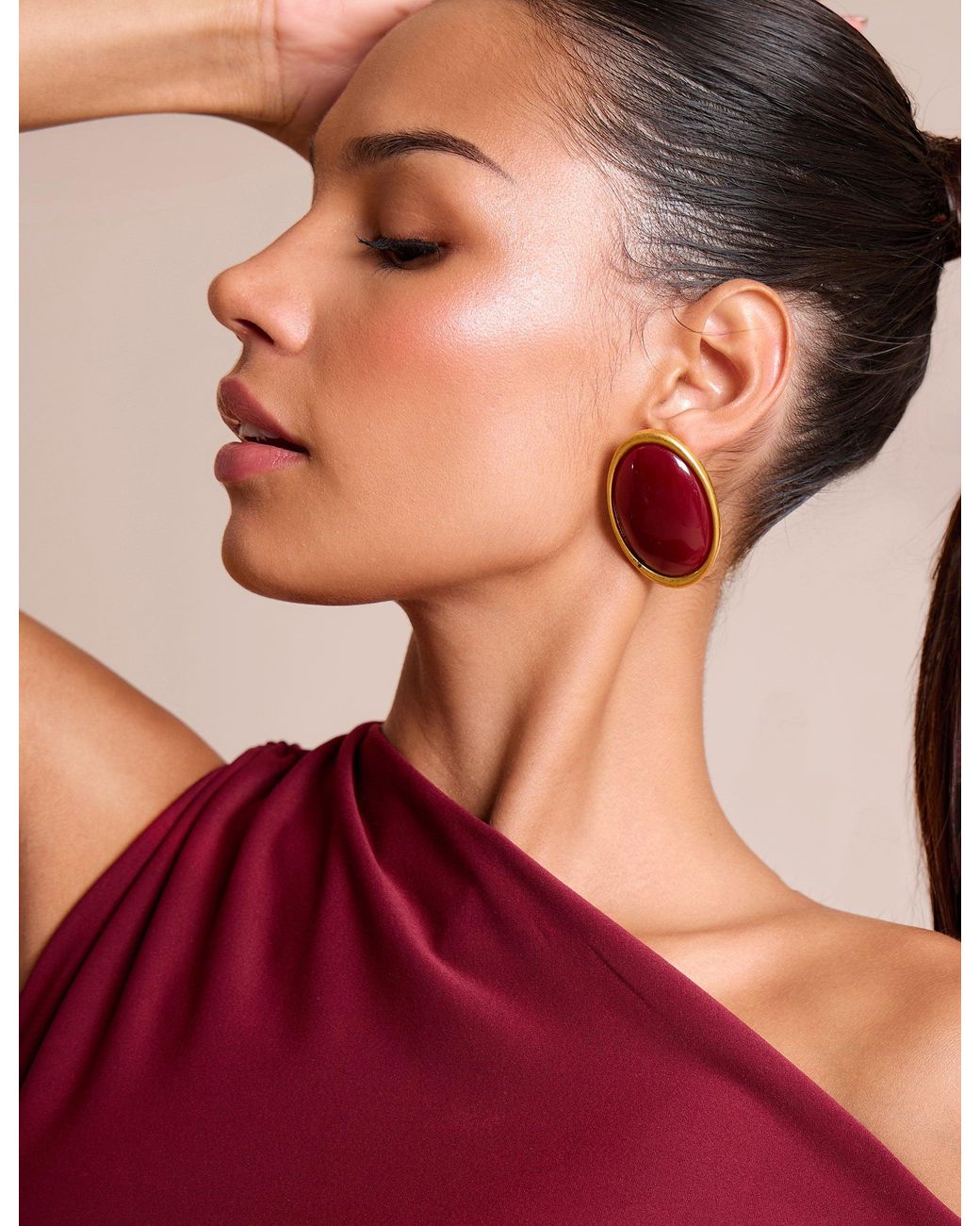 Public Desire Purple Knot Detail Asymmetric One Shoulder Luxe Slinky Top Burgundy