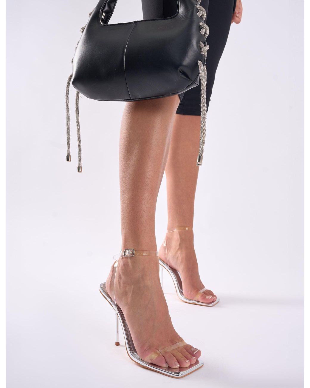 Public Desire Black Rya Silver Mirror Square Toe Strappy Barely There Stiletto High Heels