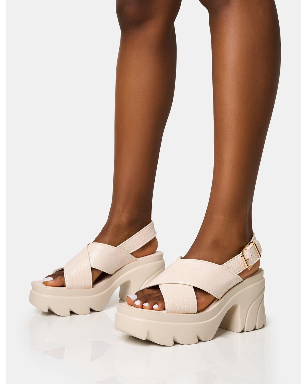 Public Desire Brown Flare White Cross Strap Chunky Mid Heel Sandals