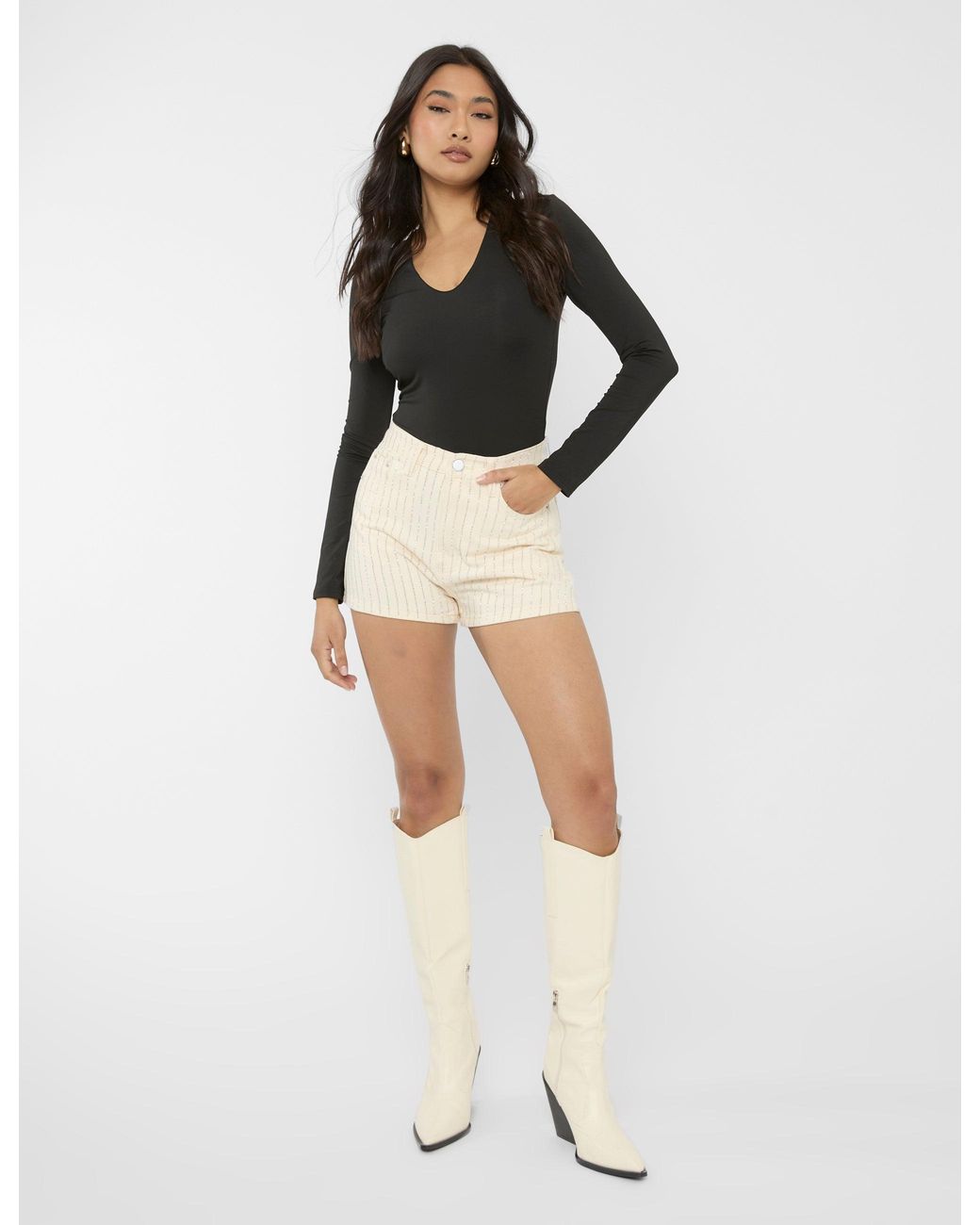 Public Desire Black High Waist Diamante Embellished Shorts Cream