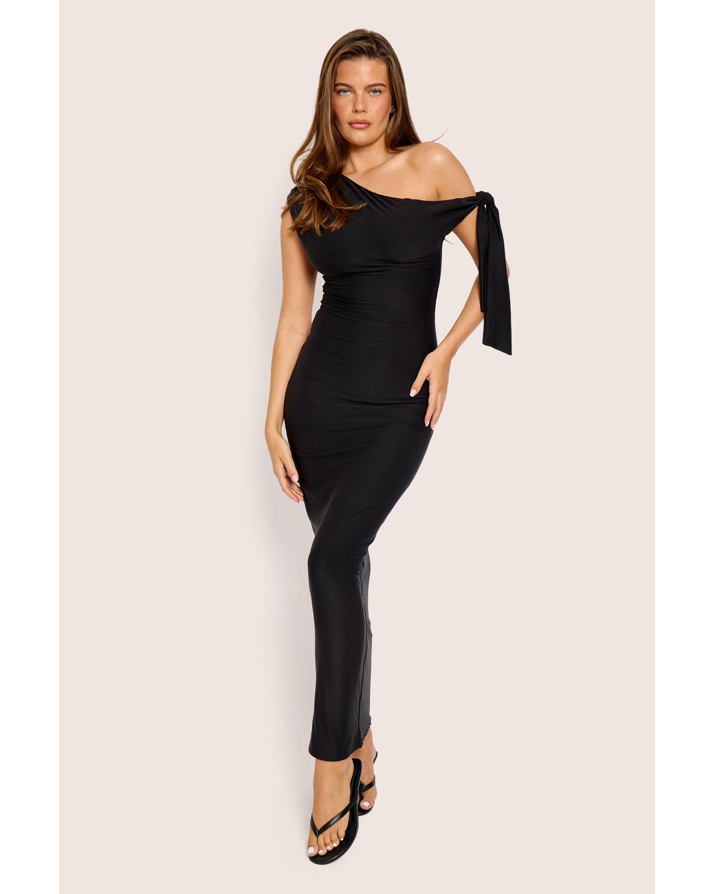 Public Desire Knot Detail Asymmetric One Shoulder Luxe Slinky Maxi Dress Black