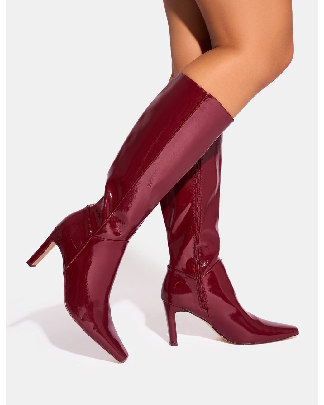 Public Desire Red Pose Burgundy Patent Zip Knee High Slim Block Heeled Boots