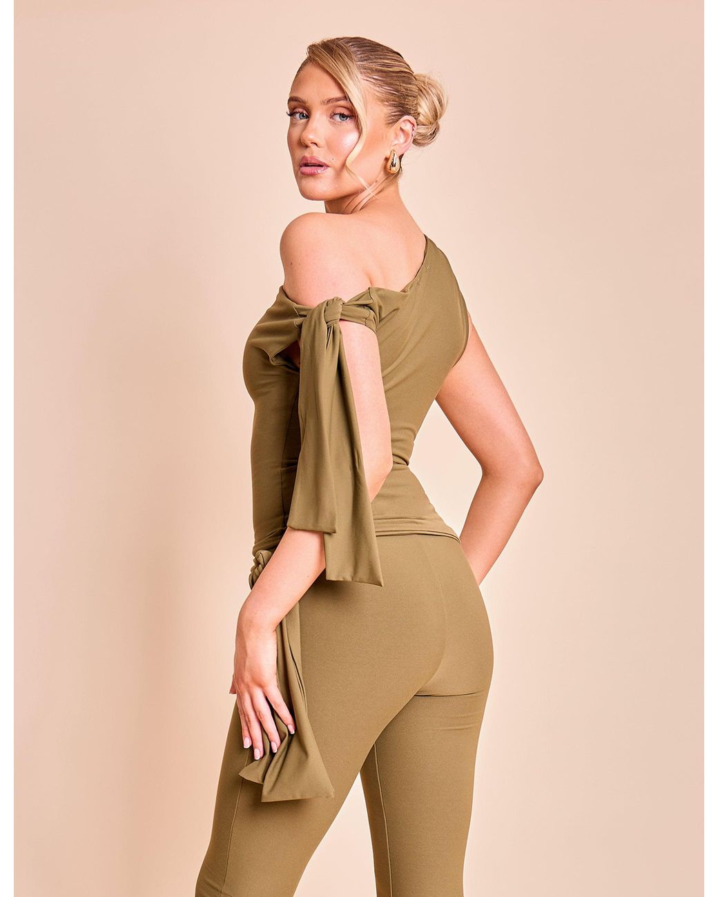Public Desire Green Knot Detail Asymmetric One Shoulder Luxe Slinky Top Khaki