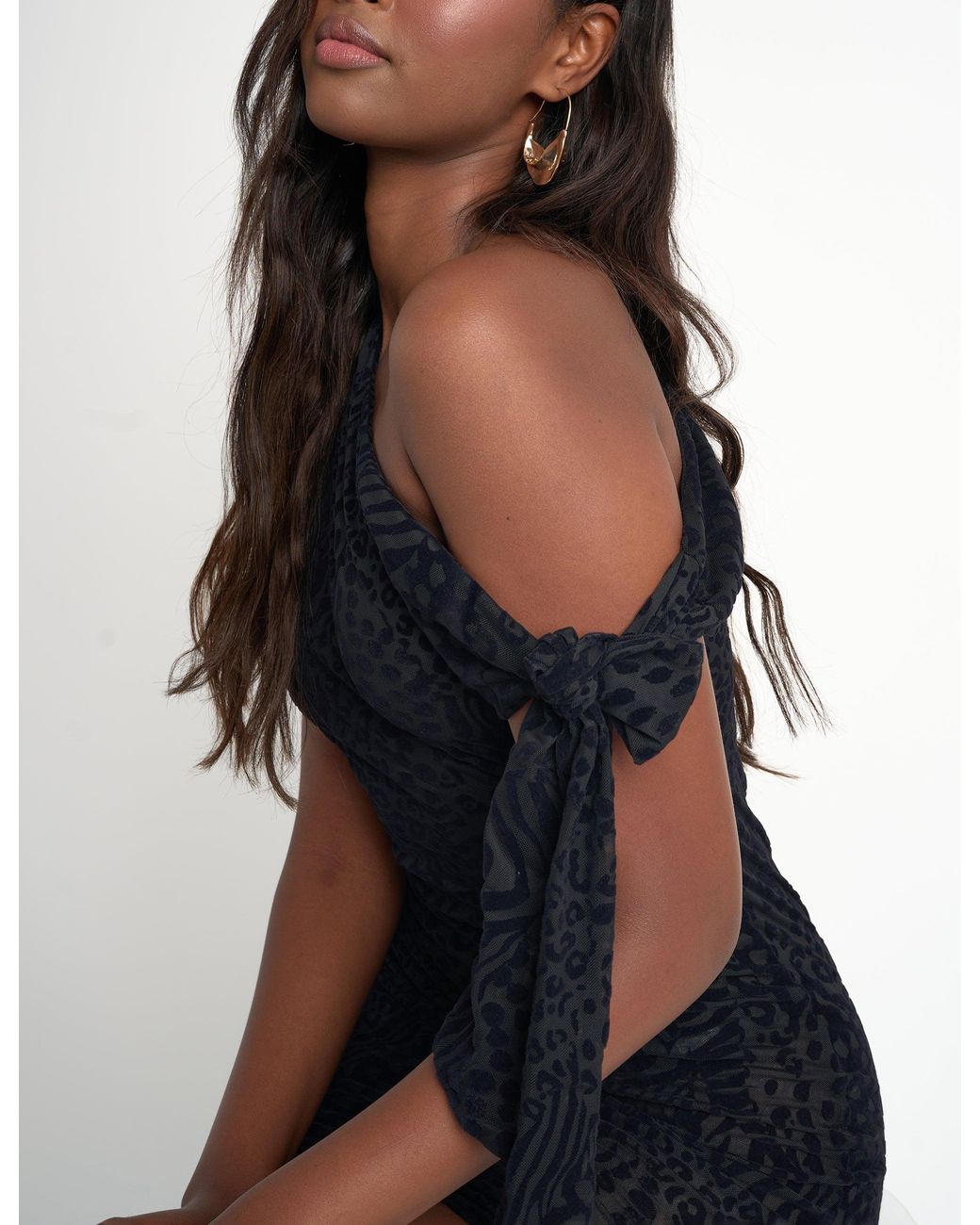 Public Desire Blue Knot Detail Asymmetric One Shoulder Leopard Devore Mini Dress Black
