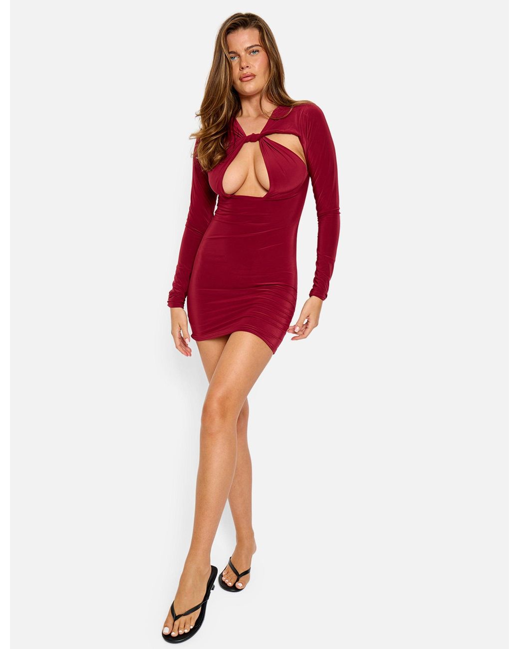 Public Desire Red Twist Detail Plunge Mini Dress Burgundy