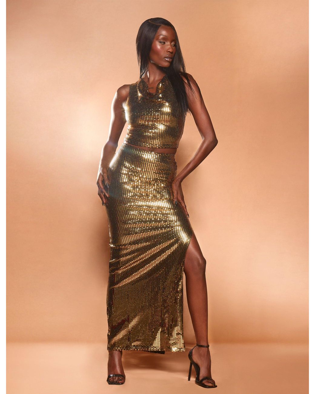 Public Desire Multicolor Sequin Maxi Skirt Gold