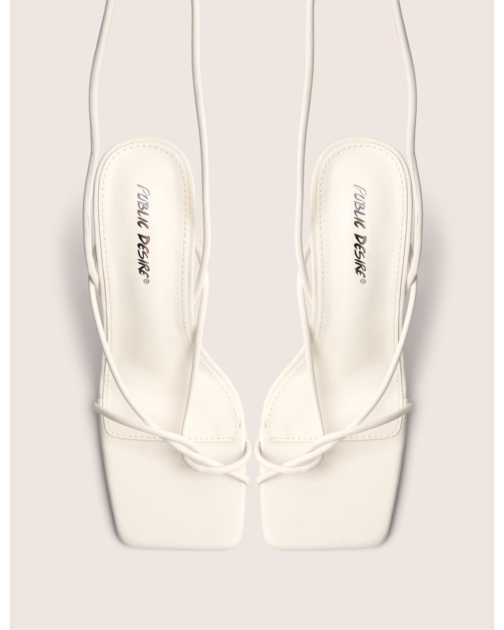 Public Desire Lacey Wide Fit White Pu Square Toe Strappy Lace Up Heels