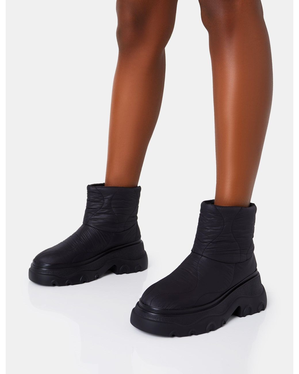 Public Desire Frostbite Black Nylon Quilted Chunky Sole Ankle Boots