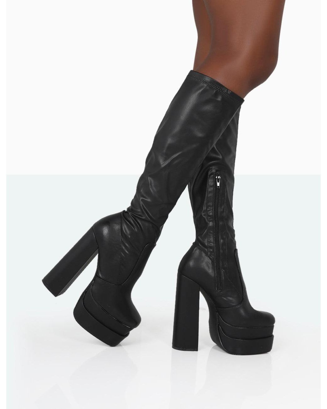 Public Desire Passive Black Pu Square Toe Platform Block High Heel Over The Knee Boots