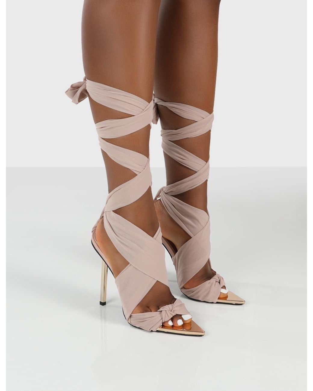 Public Desire Huni Ribbon Tie Up Gold Stiletto Heeled Sandals Black |  ModeSens