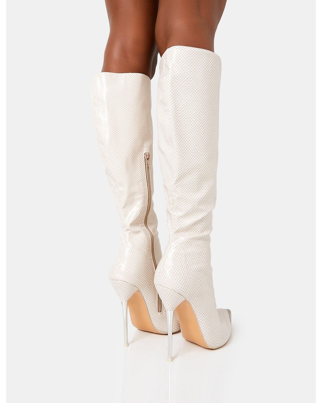 Public Desire White Finery Ecru Croc Metal Toe Capped Zip Up Knee High Stiletto Boots