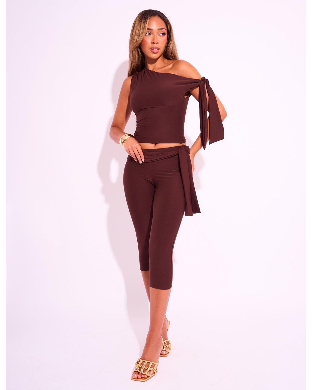 Public Desire Red Knot Detail Asymmetric One Shoulder Luxe Slinky Top Chocolate