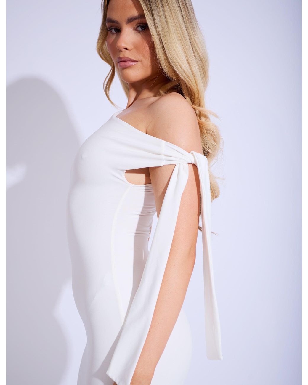 Public Desire Knot Detail Asymm One Shoulder Luxe Slinky Mini Dress White