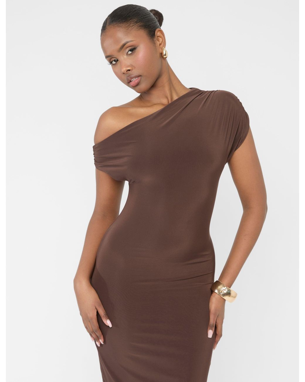 Public Desire Multicolor Asymmetric Off The Shoulder Drape Slinky Maxi Dress Chocolate