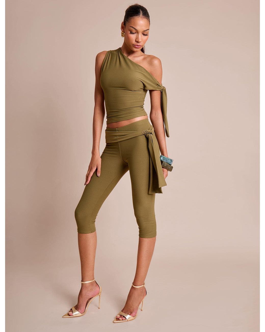 Public Desire Green Knot Detail Asymmetric One Shoulder Luxe Slinky Top Khaki