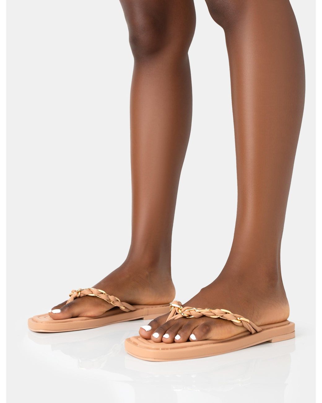Public Desire Brown Retreat Nude Pu Chain Strap Flip Flop Sandals