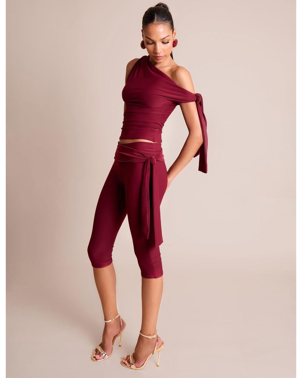 Public Desire Purple Knot Detail Asymmetric One Shoulder Luxe Slinky Top Burgundy