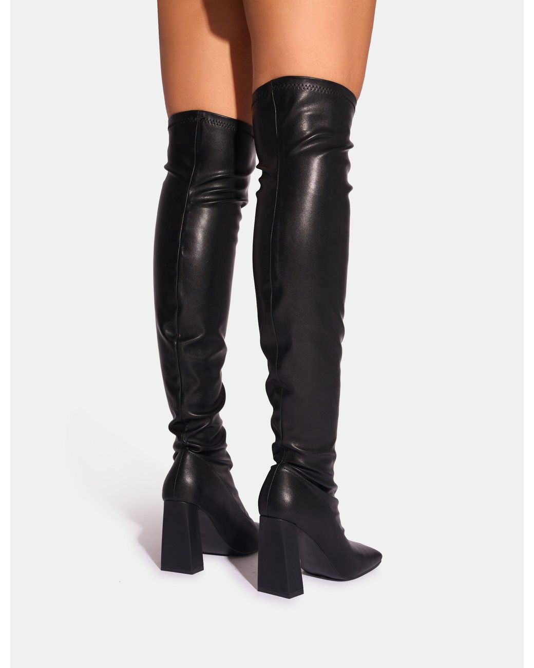 Public Desire Showoff Black Pu Block Heel Over The Knee Boot