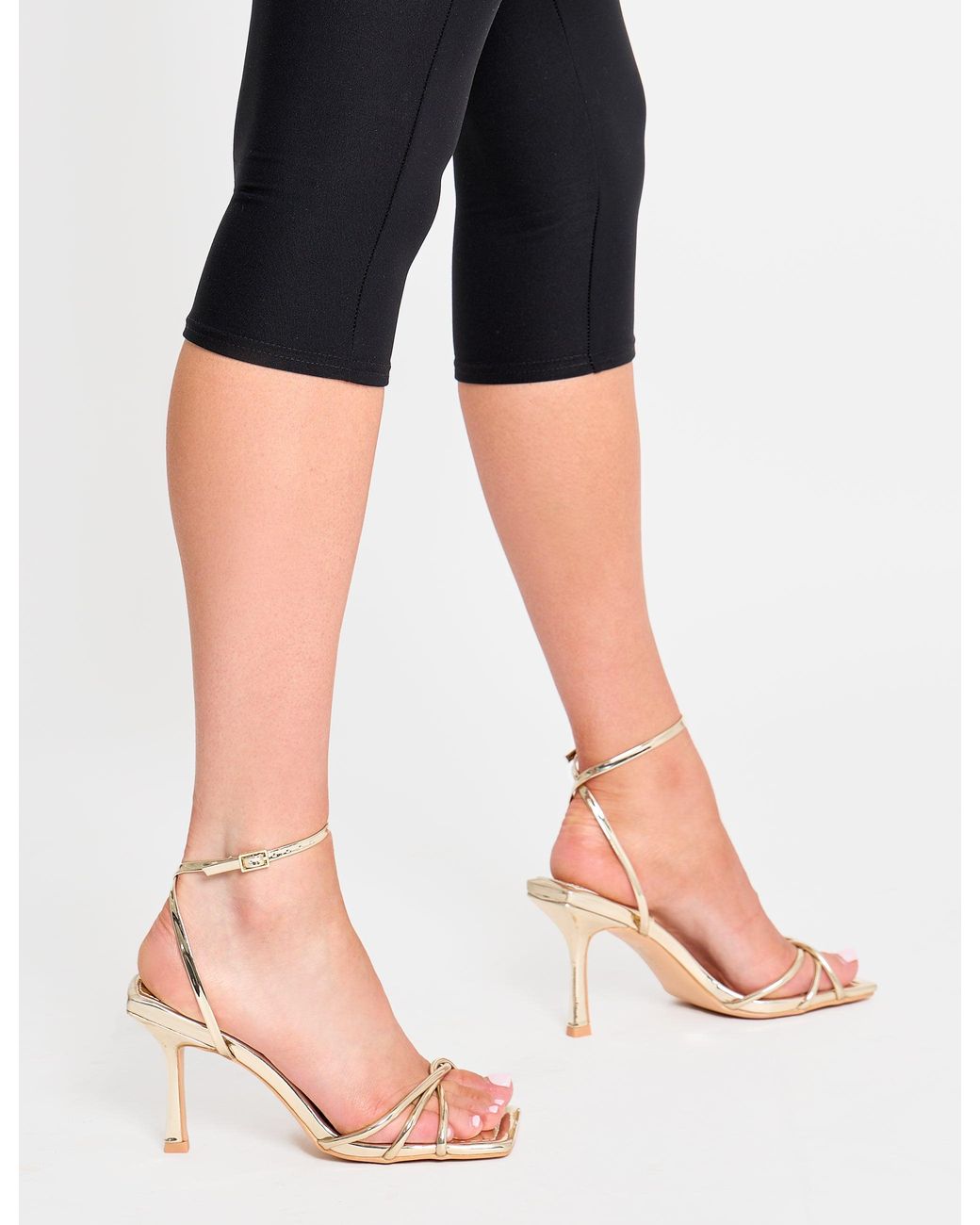 Public Desire Black Fizzy Gold Mirror Pu Square Toe Padded Insole Strappy Barely There