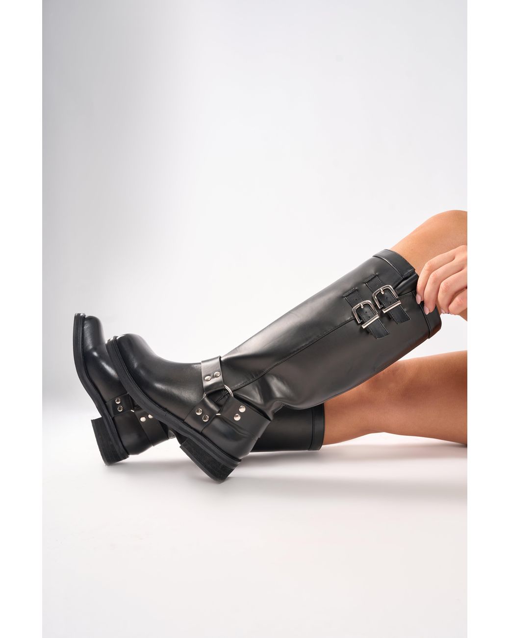 Public Desire Sirius Black Vintage Buckle Knee Hight Flat Boots