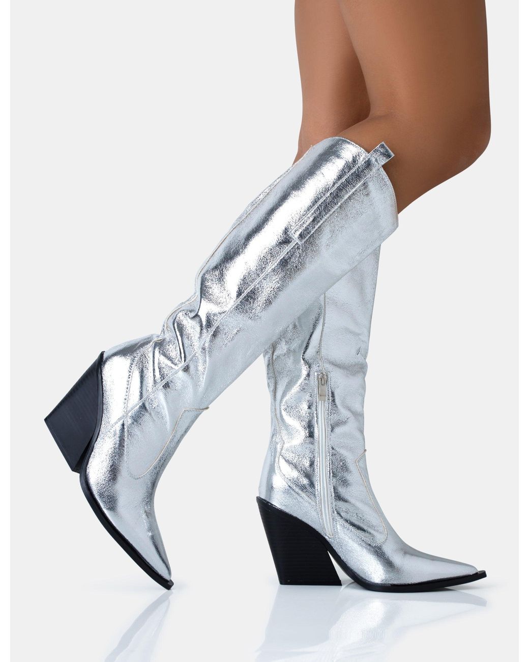 Public Desire Blue Nevada Silver Metallic Western Cowboy Block Heel Knee High Boots