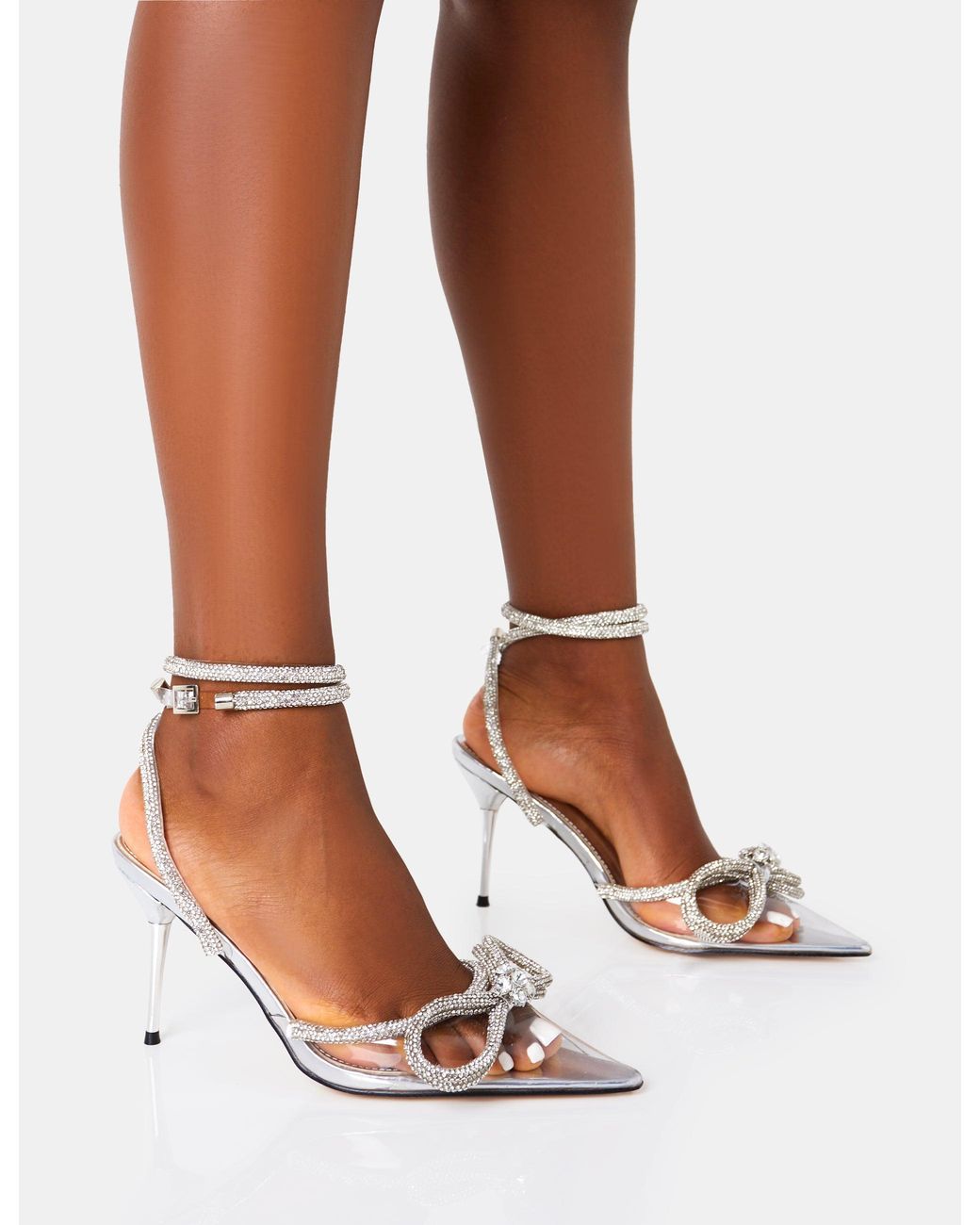 Public Desire Purple Midnight Clear Perspex Wrap Around Diamante Bow Pointed Toe Mid Heel