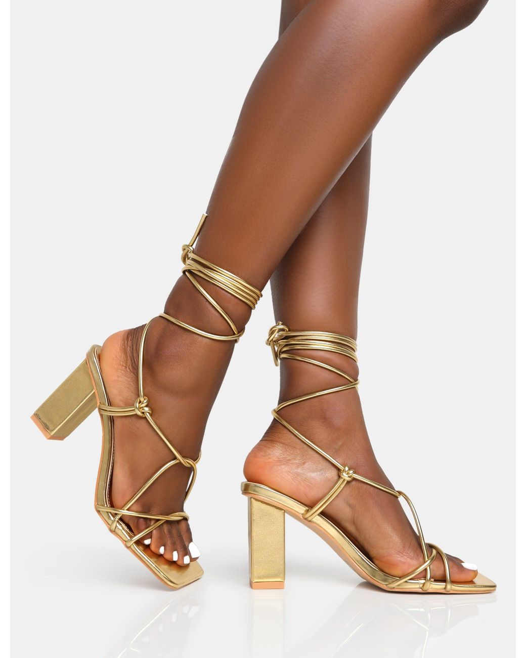 Public Desire Noor Gold Lace Up Square Toe Mid Block Heels in Brown | Lyst