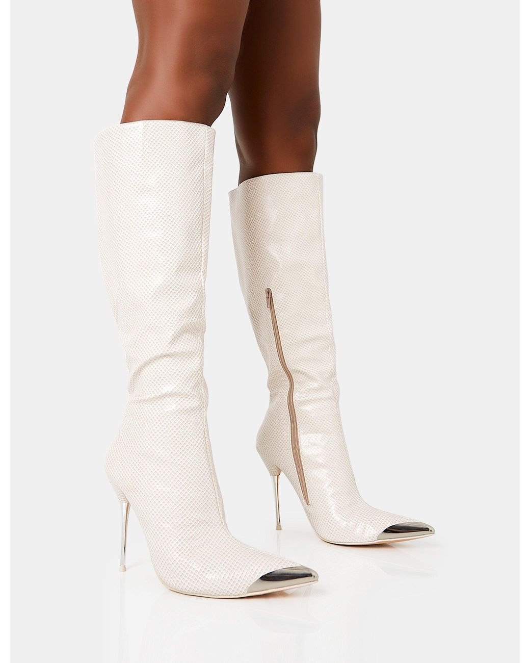 Public Desire White Finery Ecru Croc Metal Toe Capped Zip Up Knee High Stiletto Boots