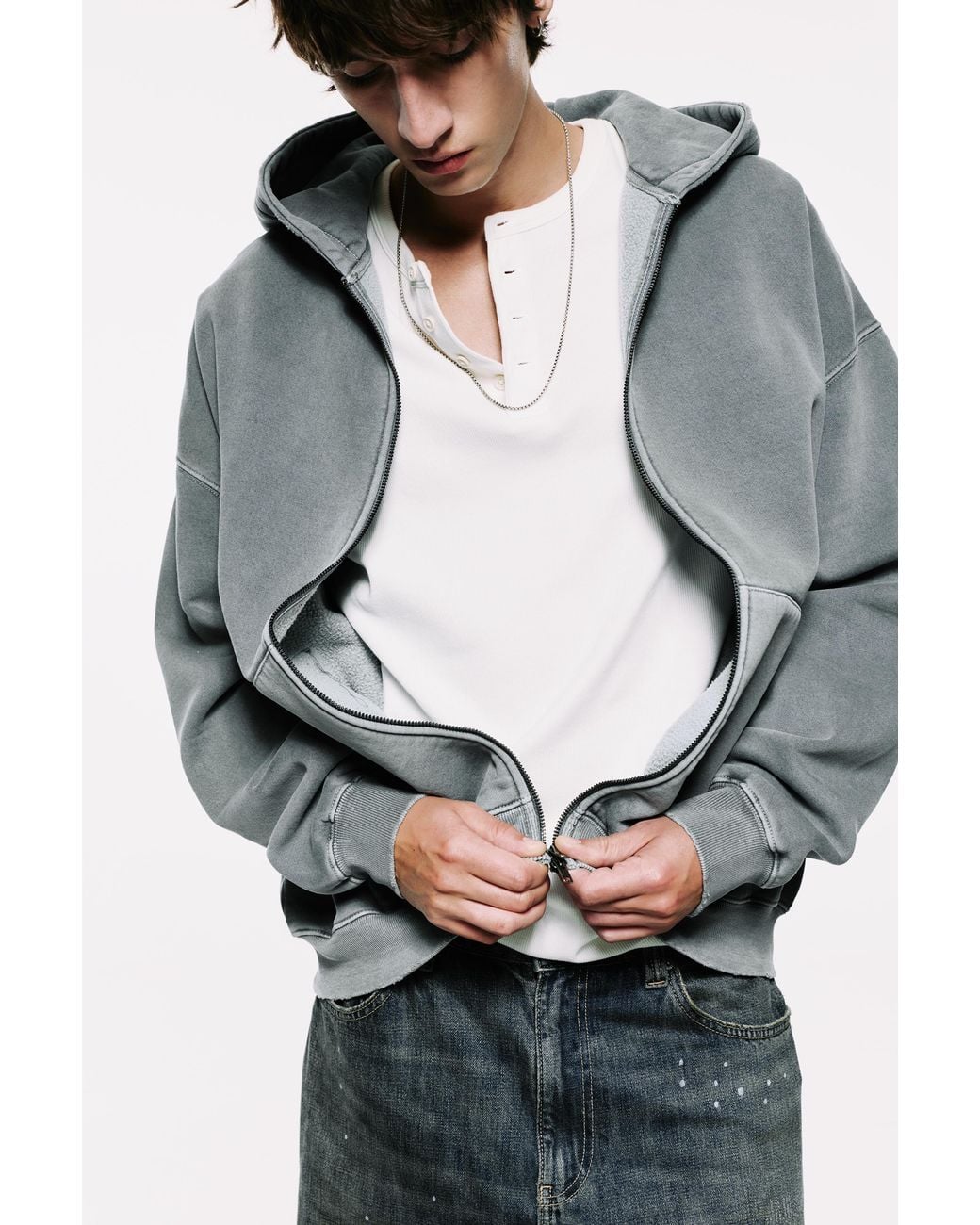 Pull&Bear Gray Stwd Hood Zip-Up Sweatshirt for men