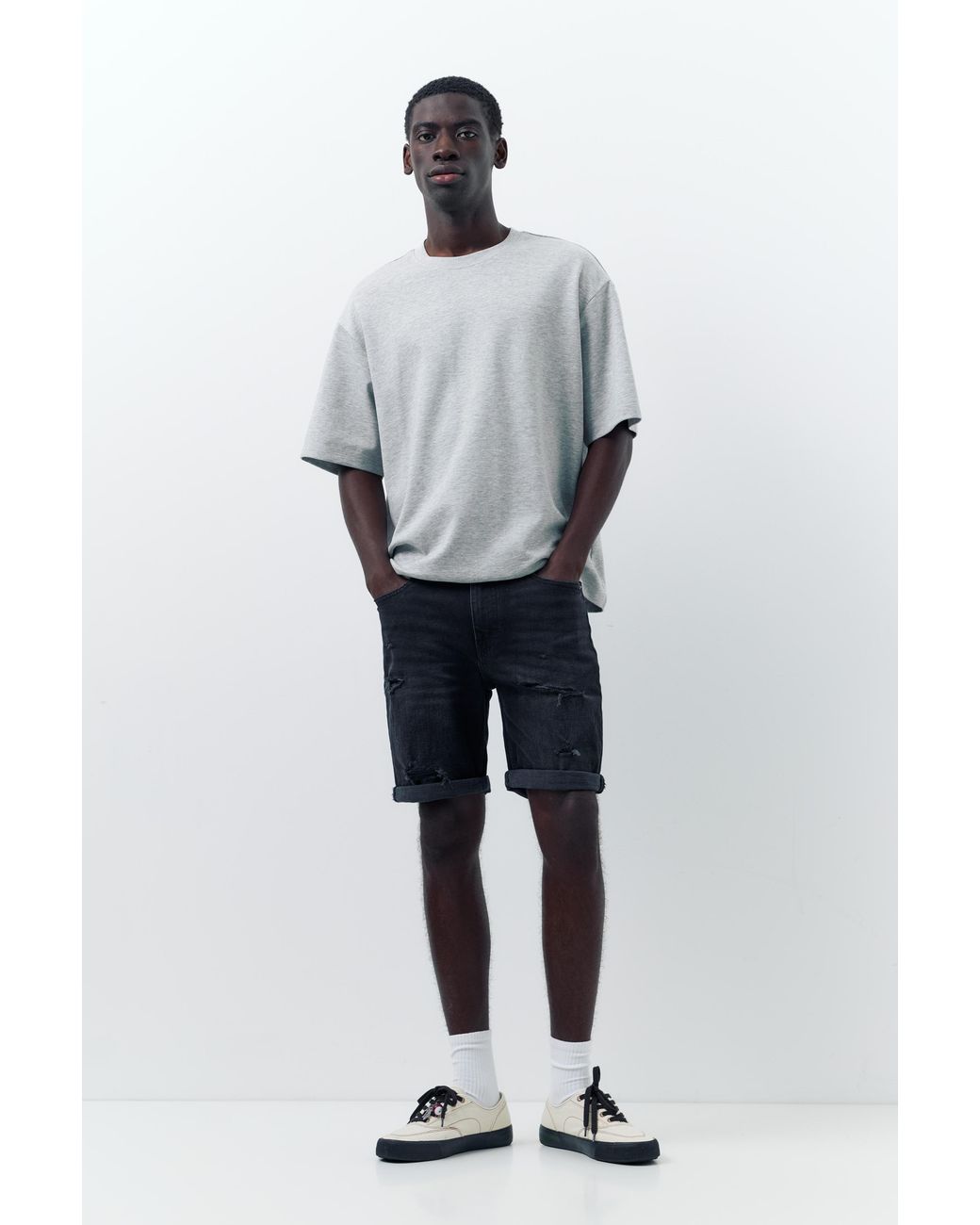 Pull&Bear Gray Ripped Denim Bermuda Shorts for men