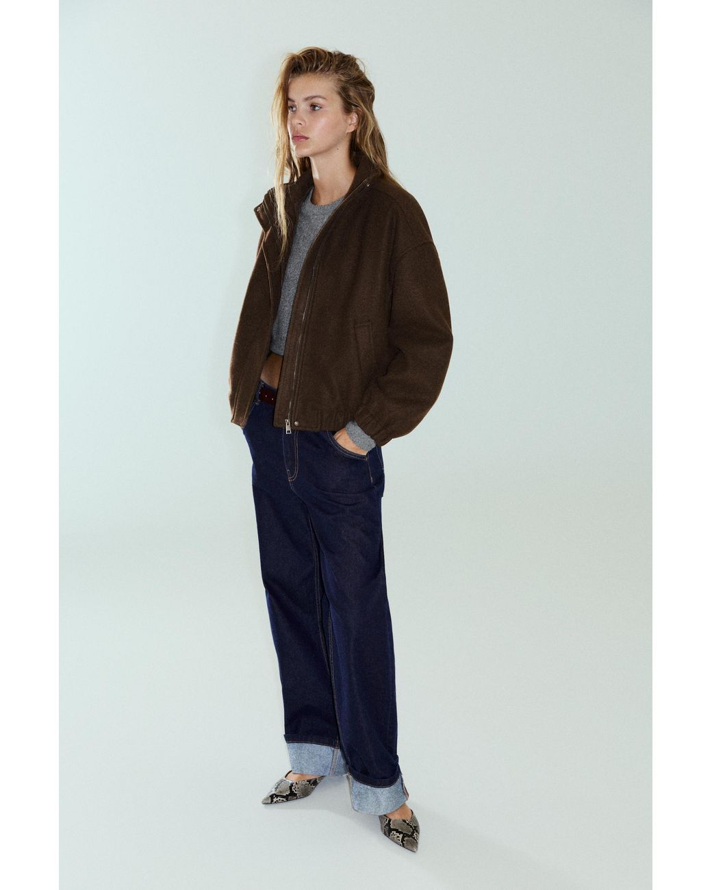 Pull&Bear Brown Cloth Bomber Jacket With A High Neck