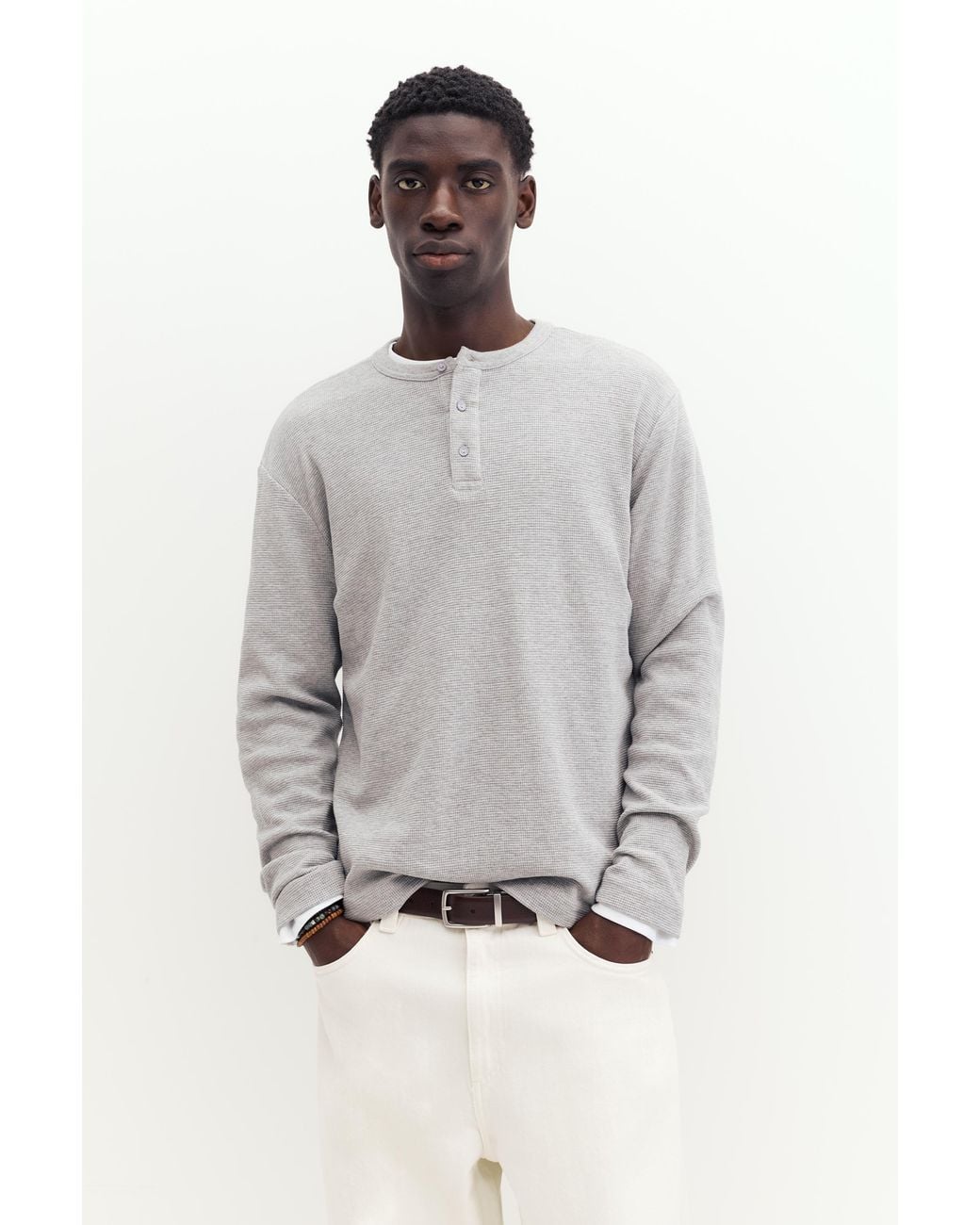 Pull&Bear Gray Long Sleeve Henley T-Shirt for men