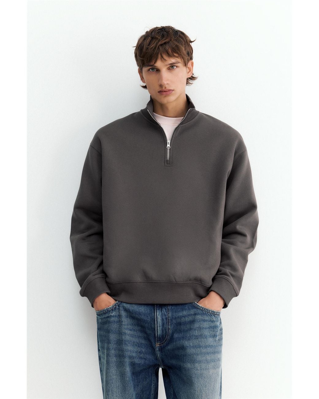 Pull&Bear Gray Quarter-Zip Sweatshirt for men