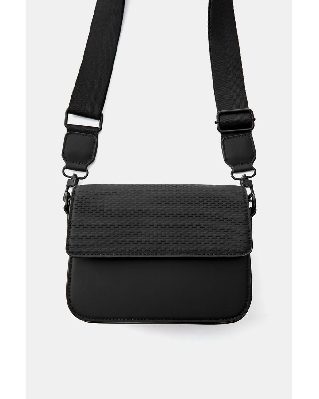 Pull&Bear Black Textured Rubberised Crossbody Bag for men