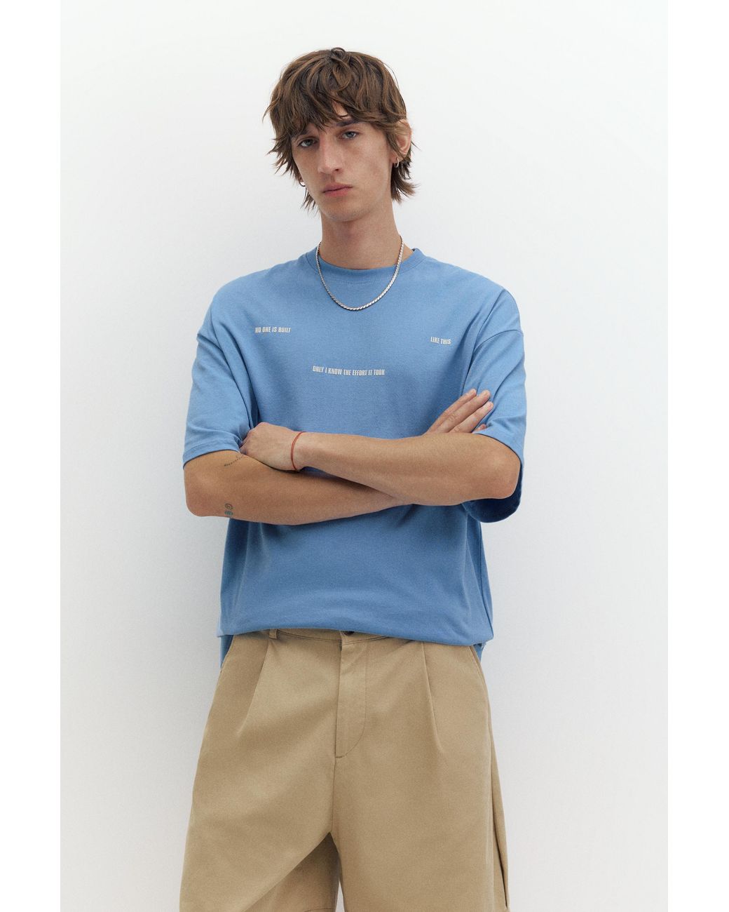 Pull&Bear Blue Stwd Boxy Text T-Shirt for men