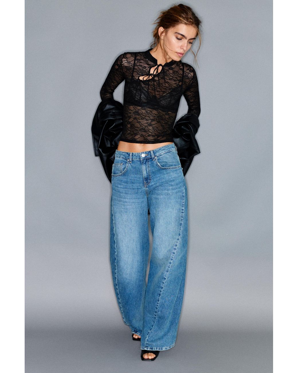 Pull&Bear Gray Lace Stand-Collar Top With Fireman Clasps