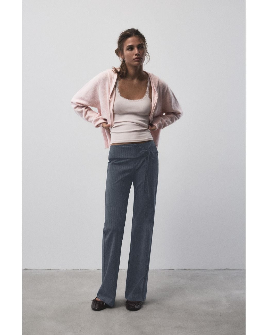 Pull&Bear Gray Striped Flared Trousers With Belt