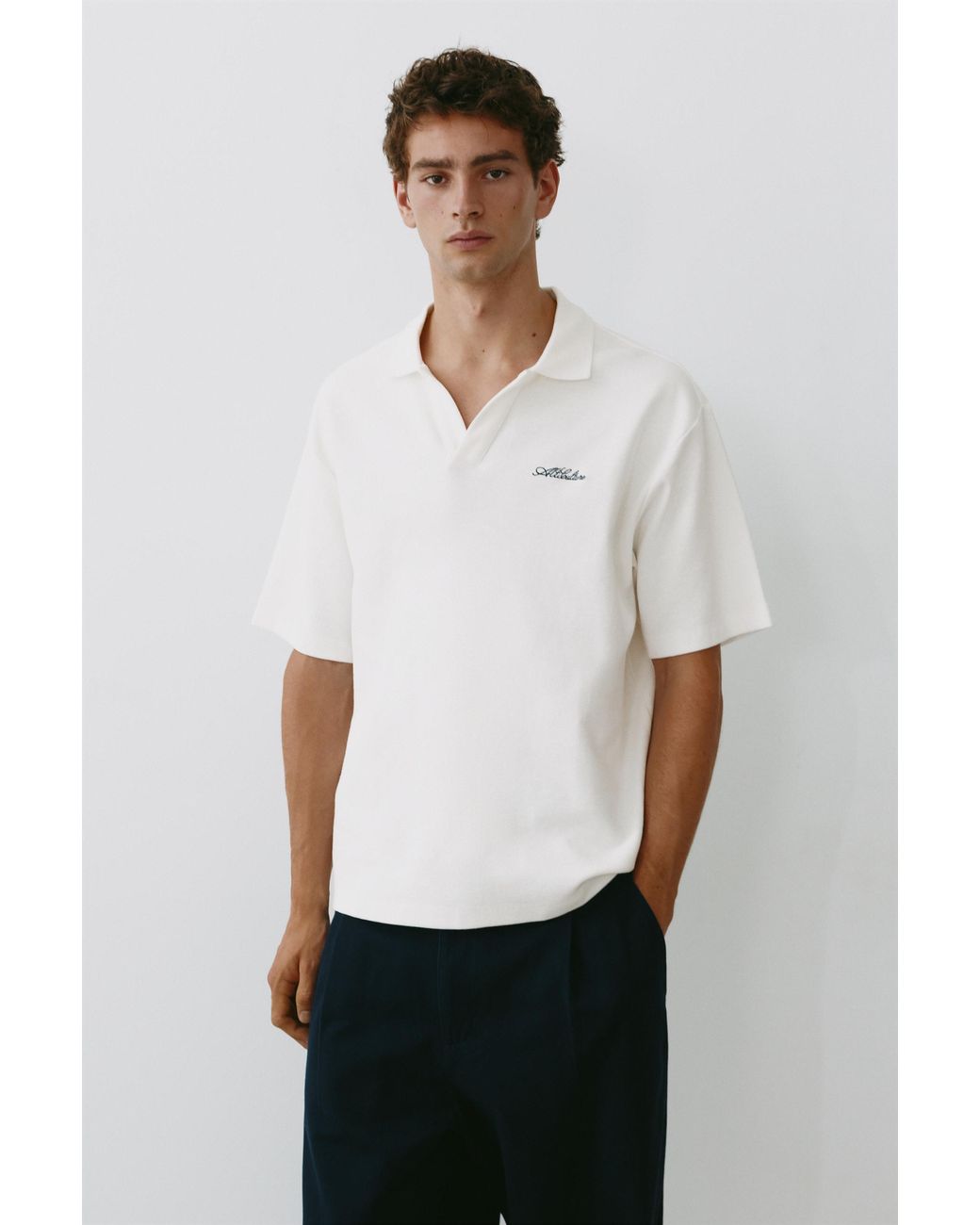 Pull&Bear White Short Sleeve Waffle-Knit Polo Shirt for men